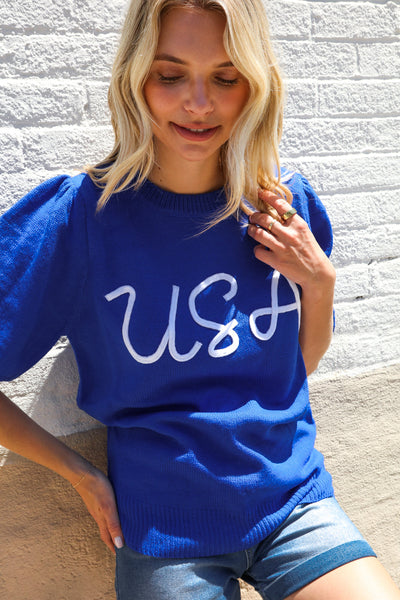 Patriotic USA Blue Knit Embroidery Puff Sleeve Sweater Top - Online Only!