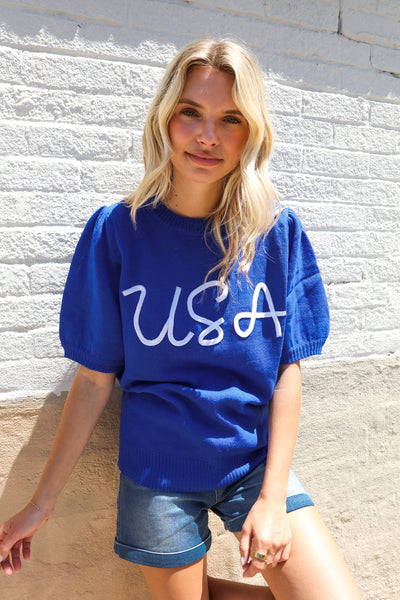 Patriotic USA Blue Knit Embroidery Puff Sleeve Sweater Top - Online Only!