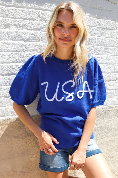 Patriotic USA Blue Knit Embroidery Puff Sleeve Sweater Top - Online Only!