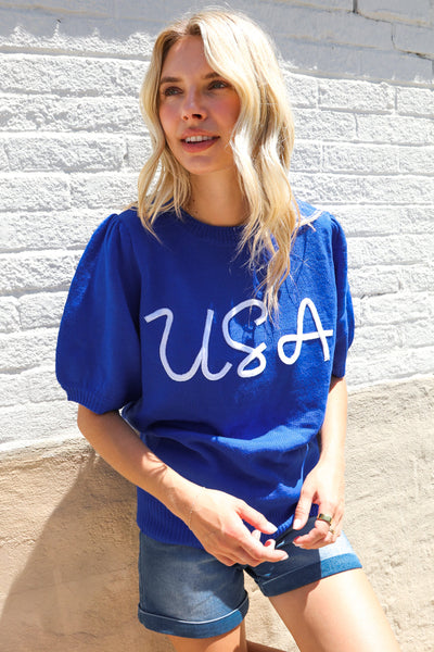 Patriotic USA Blue Knit Embroidery Puff Sleeve Sweater Top - Online Only!