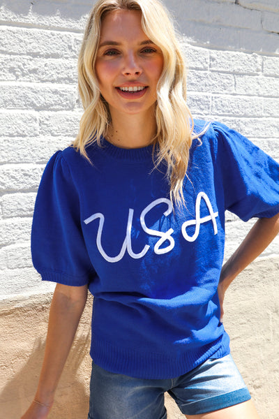 Patriotic USA Blue Knit Embroidery Puff Sleeve Sweater Top - Online Only!