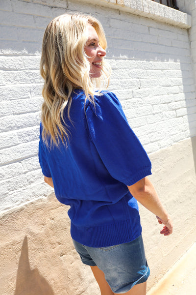 Patriotic USA Blue Knit Embroidery Puff Sleeve Sweater Top - Online Only!