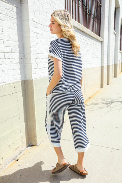 Casual Chic French Terry Black & White Stripe Track Pants - Online Only!
