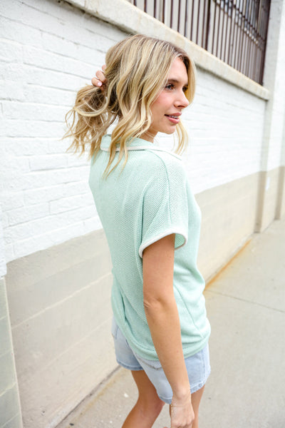 Weekend Ready Sage Collar Notch Neck Waffle Knit Top - Online Only!