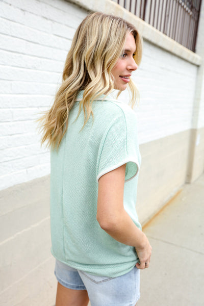 Weekend Ready Sage Collar Notch Neck Waffle Knit Top - Online Only!
