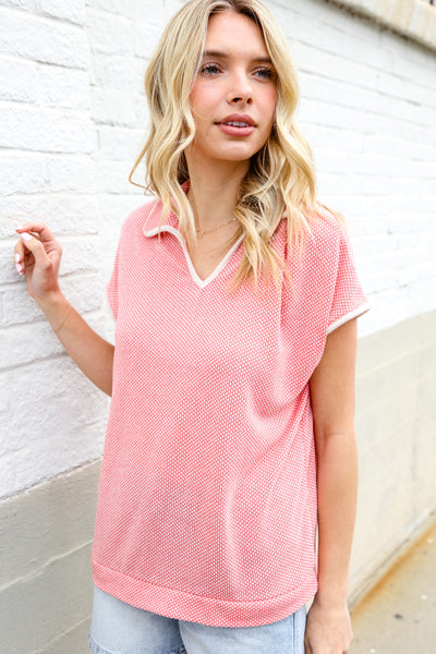Weekend Ready Coral Collar Notch Neck Waffle Knit Top - Online Only!