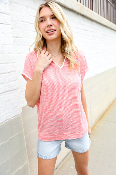 Weekend Ready Coral Collar Notch Neck Waffle Knit Top - Online Only!