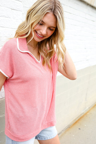 Weekend Ready Coral Collar Notch Neck Waffle Knit Top - Online Only!