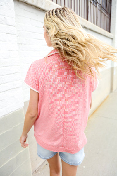 Weekend Ready Coral Collar Notch Neck Waffle Knit Top - Online Only!