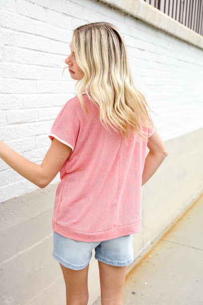 Weekend Ready Coral Collar Notch Neck Waffle Knit Top - Online Only!