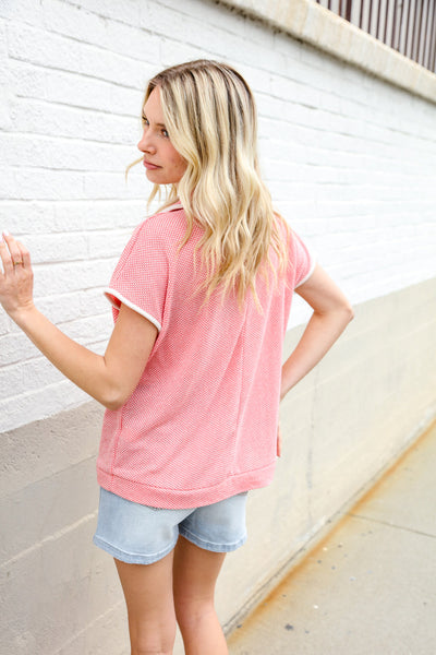 Weekend Ready Coral Collar Notch Neck Waffle Knit Top - Online Only!