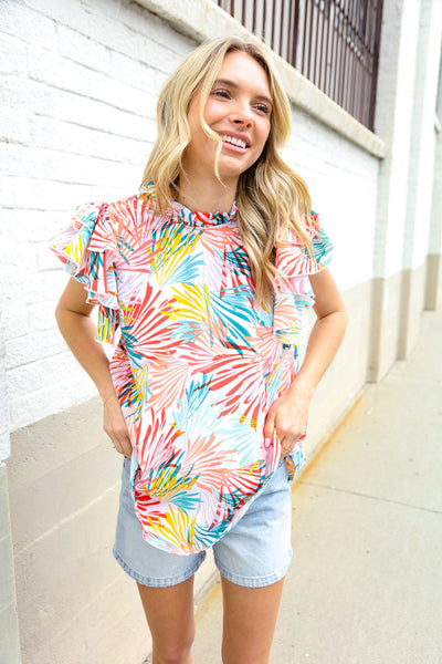 Ivory Abstract Print Frill Neck Double Flutter Sleeve Top - Online Only!