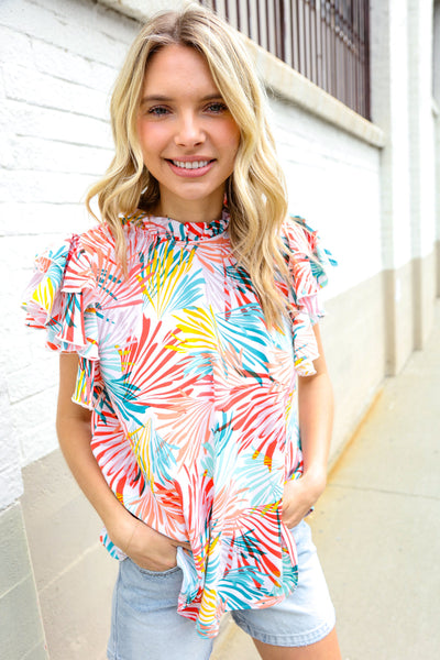 Ivory Abstract Print Frill Neck Double Flutter Sleeve Top - Online Only!