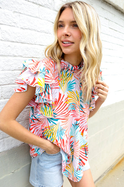 Ivory Abstract Print Frill Neck Double Flutter Sleeve Top - Online Only!