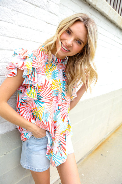 Ivory Abstract Print Frill Neck Double Flutter Sleeve Top - Online Only!