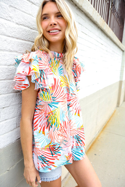 Ivory Abstract Print Frill Neck Double Flutter Sleeve Top - Online Only!