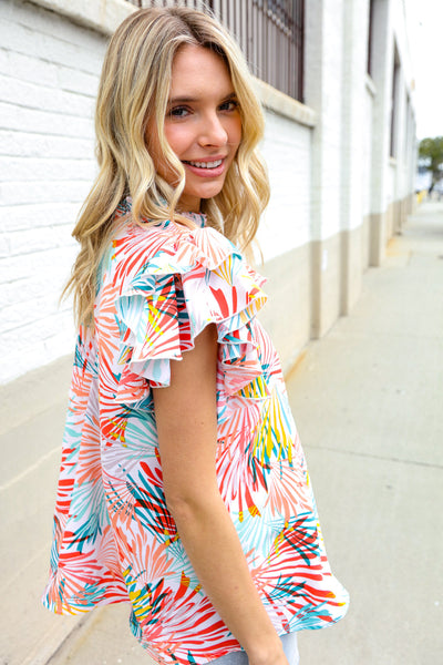 Ivory Abstract Print Frill Neck Double Flutter Sleeve Top - Online Only!