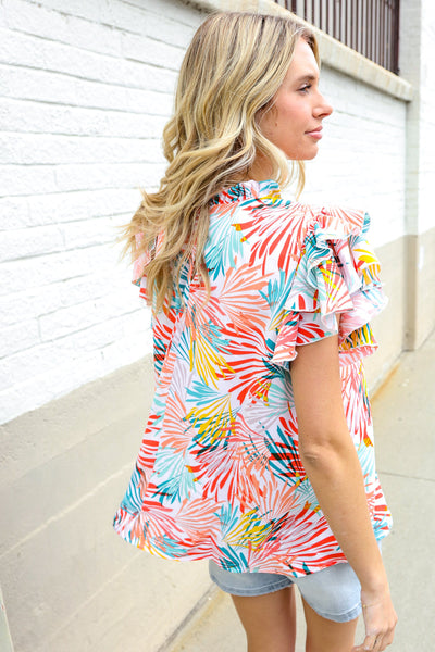 Ivory Abstract Print Frill Neck Double Flutter Sleeve Top - Online Only!