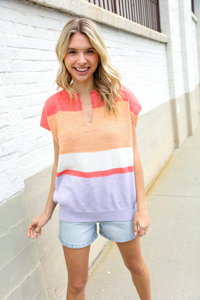 Lock Eyes Coral Notched Neck Drop Shoulder Sweater Top - Online Only!