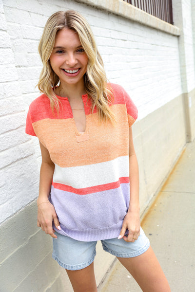 Lock Eyes Coral Notched Neck Drop Shoulder Sweater Top - Online Only!