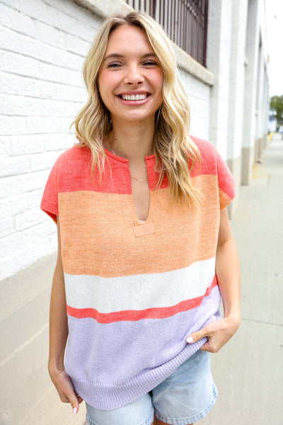 Lock Eyes Coral Notched Neck Drop Shoulder Sweater Top - Online Only!