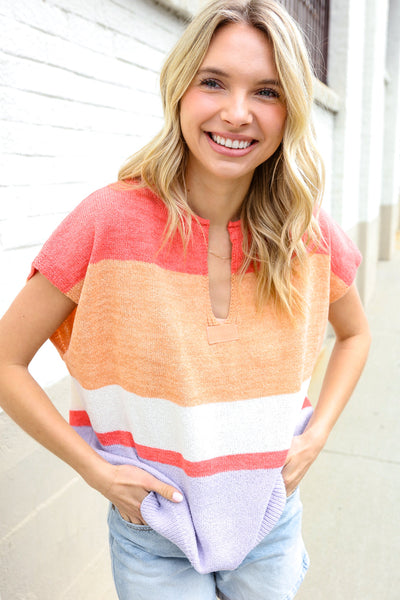Lock Eyes Coral Notched Neck Drop Shoulder Sweater Top - Online Only!