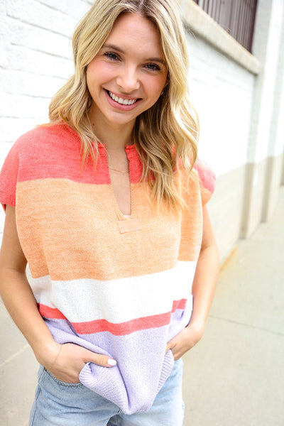 Lock Eyes Coral Notched Neck Drop Shoulder Sweater Top - Online Only!
