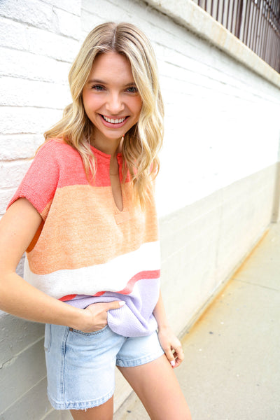 Lock Eyes Coral Notched Neck Drop Shoulder Sweater Top - Online Only!