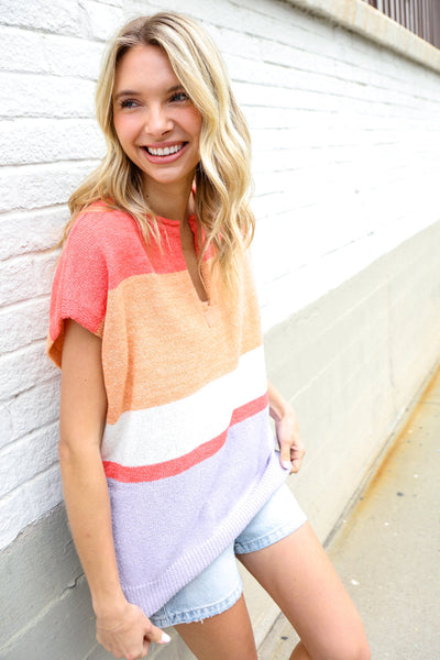 Lock Eyes Coral Notched Neck Drop Shoulder Sweater Top - Online Only!