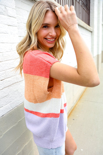 Lock Eyes Coral Notched Neck Drop Shoulder Sweater Top - Online Only!