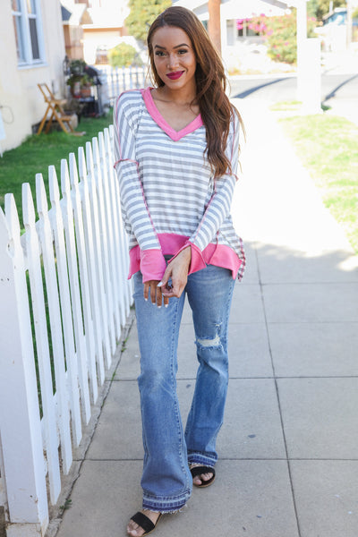 Heather Grey Stripe Hi-Lo Out Seam Stitch Pullover - Online Only!