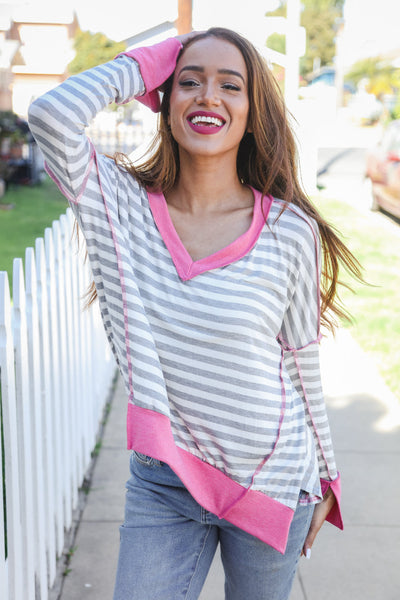 Heather Grey Stripe Hi-Lo Out Seam Stitch Pullover - Online Only!