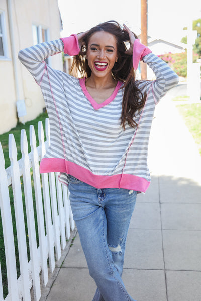 Heather Grey Stripe Hi-Lo Out Seam Stitch Pullover - Online Only!