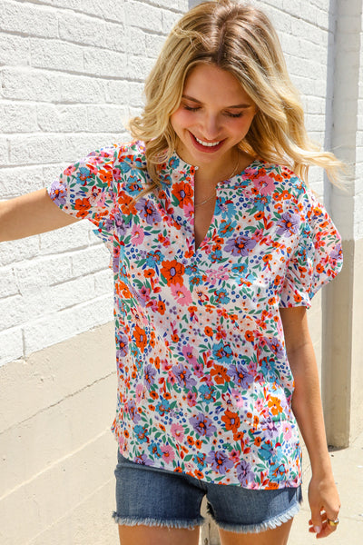 Beautiful You Ivory Floral Print Notch Neck Puff Short Sleeve Top - Online Only!