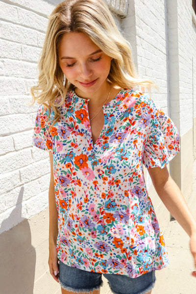 Beautiful You Ivory Floral Print Notch Neck Puff Short Sleeve Top - Online Only!