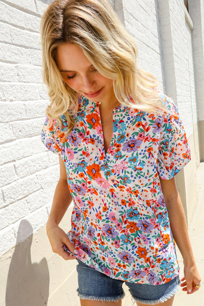 Beautiful You Ivory Floral Print Notch Neck Puff Short Sleeve Top - Online Only!