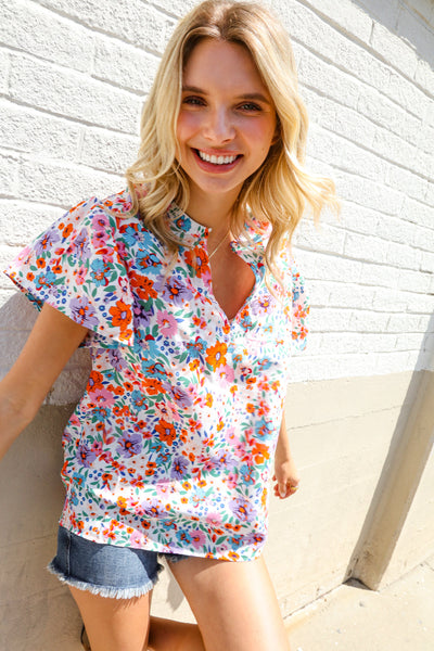 Beautiful You Ivory Floral Print Notch Neck Puff Short Sleeve Top - Online Only!