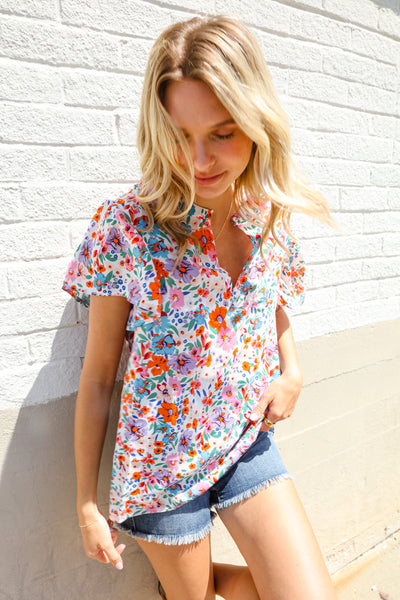 Beautiful You Ivory Floral Print Notch Neck Puff Short Sleeve Top - Online Only!