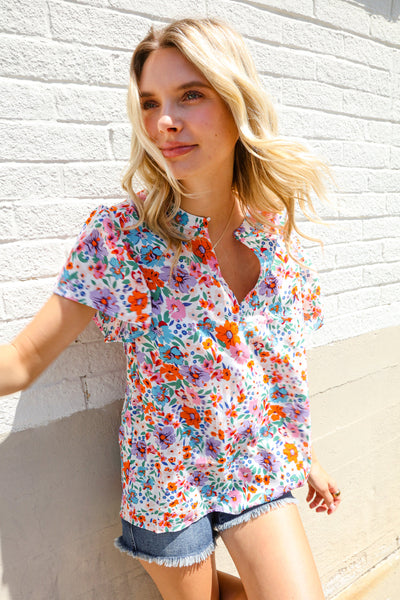 Beautiful You Ivory Floral Print Notch Neck Puff Short Sleeve Top - Online Only!