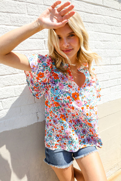 Beautiful You Ivory Floral Print Notch Neck Puff Short Sleeve Top - Online Only!