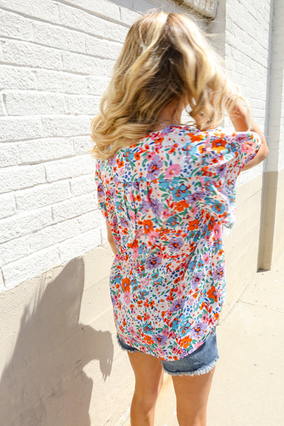 Beautiful You Ivory Floral Print Notch Neck Puff Short Sleeve Top - Online Only!