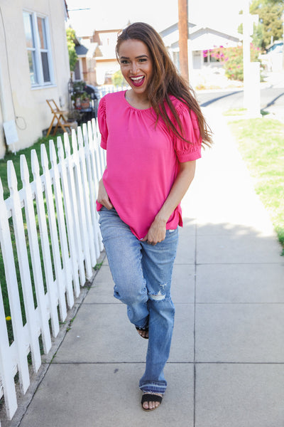 Perfectly You Solid Fuchsia Silk Shirred Cap Short Sleeve Blouse - Online Only!