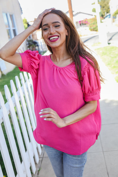 Perfectly You Solid Fuchsia Silk Shirred Cap Short Sleeve Blouse - Online Only!