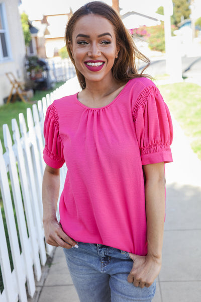Perfectly You Solid Fuchsia Silk Shirred Cap Short Sleeve Blouse - Online Only!