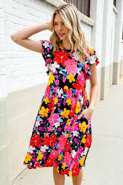 Spread Joy Black & Multicolor Floral Flutter Sleeve Babydoll Dress - Online Only!