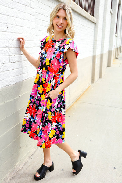 Spread Joy Black & Multicolor Floral Flutter Sleeve Babydoll Dress - Online Only!