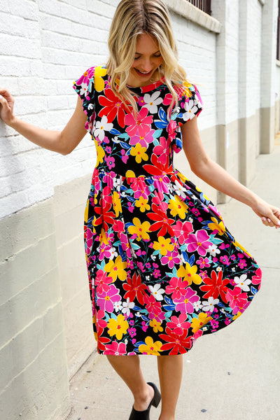 Spread Joy Black & Multicolor Floral Flutter Sleeve Babydoll Dress - Online Only!