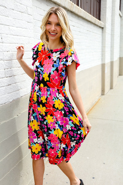 Spread Joy Black & Multicolor Floral Flutter Sleeve Babydoll Dress - Online Only!