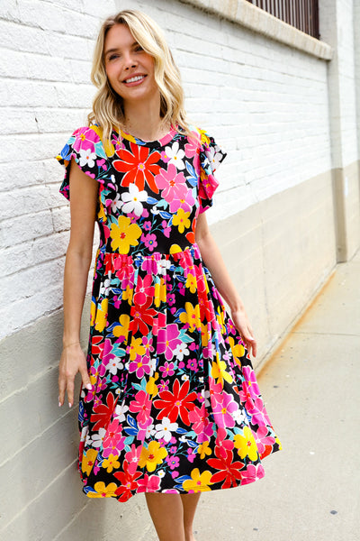 Spread Joy Black & Multicolor Floral Flutter Sleeve Babydoll Dress - Online Only!