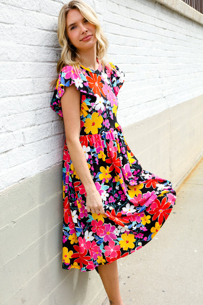 Spread Joy Black & Multicolor Floral Flutter Sleeve Babydoll Dress - Online Only!